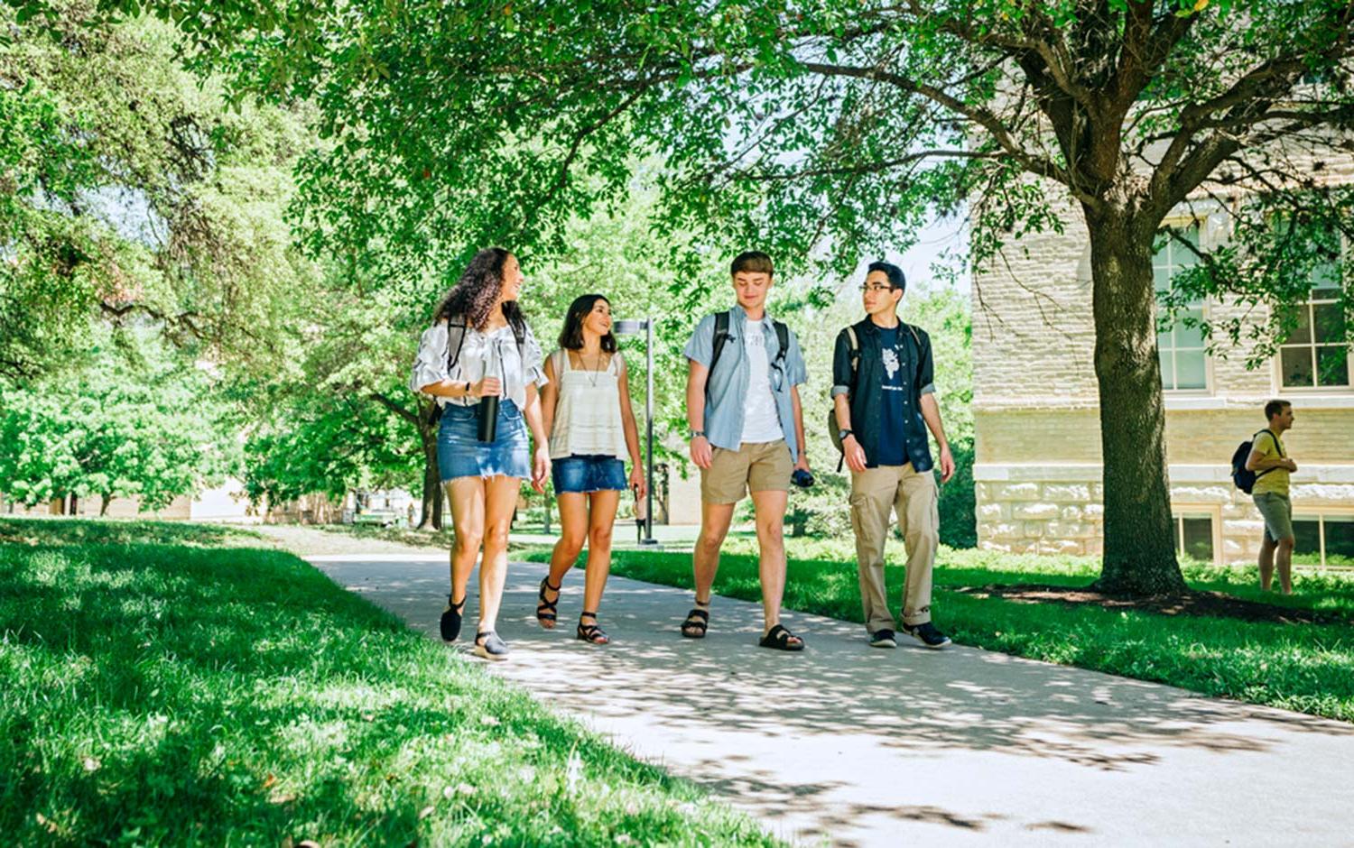 Students chat and walk through campus